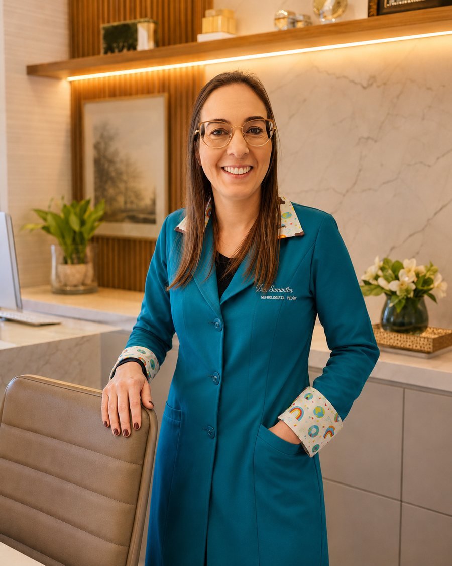 Dra. Samantha Dickel em pé em seu consultório de nefrologia pediátrica no Edifício Estrela, em Caxias do Sul