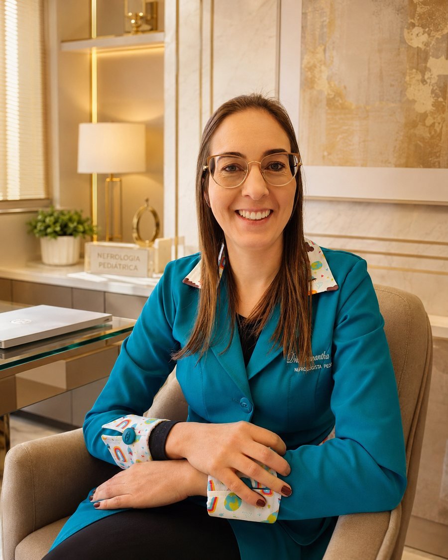 Dra. Samantha Dickel, nefrologista infantil, sentada em seu consultório de nefrologia pediátrica