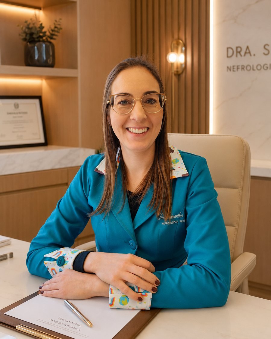 Dra. Samantha Dickel, nefrologista pediatra em Caxias do Sul, sorrindo sentada à mesa do seu consultório