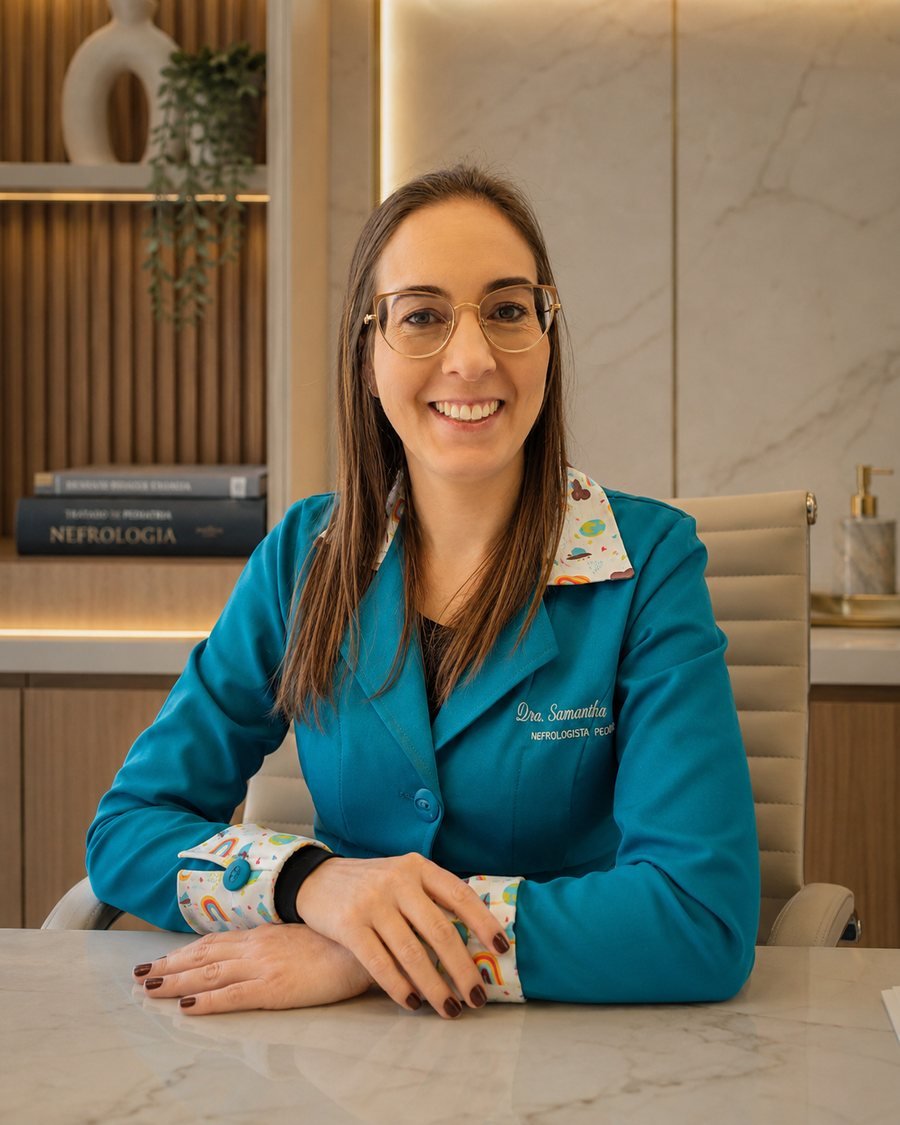 Dra. Samantha Dickel, nefrologista pediatra, sorrindo sentada à mesa do consultório