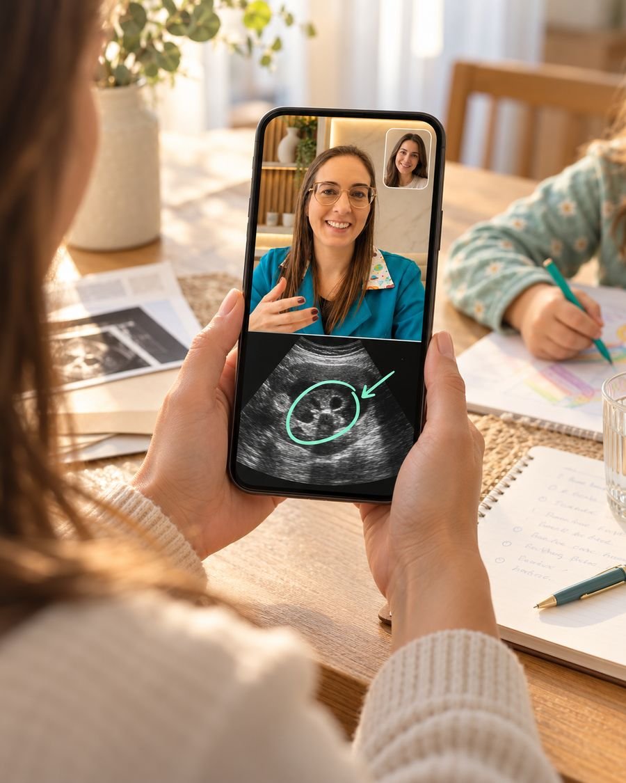 Mãe à mesa de casa segura o celular numa consulta online por vídeo chamada com a Dra. Samantha Dickel, nefrologista pediatra, que explica um ultrassom de rim compartilhado na tela, enquanto a criança desenha ao lado